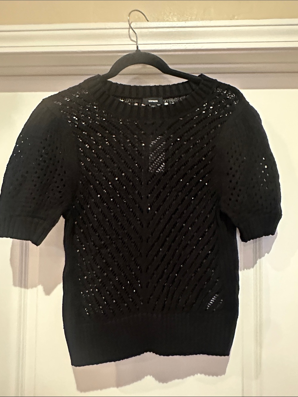 Express Black Open-Knit Short Sleeve Crew Sweater